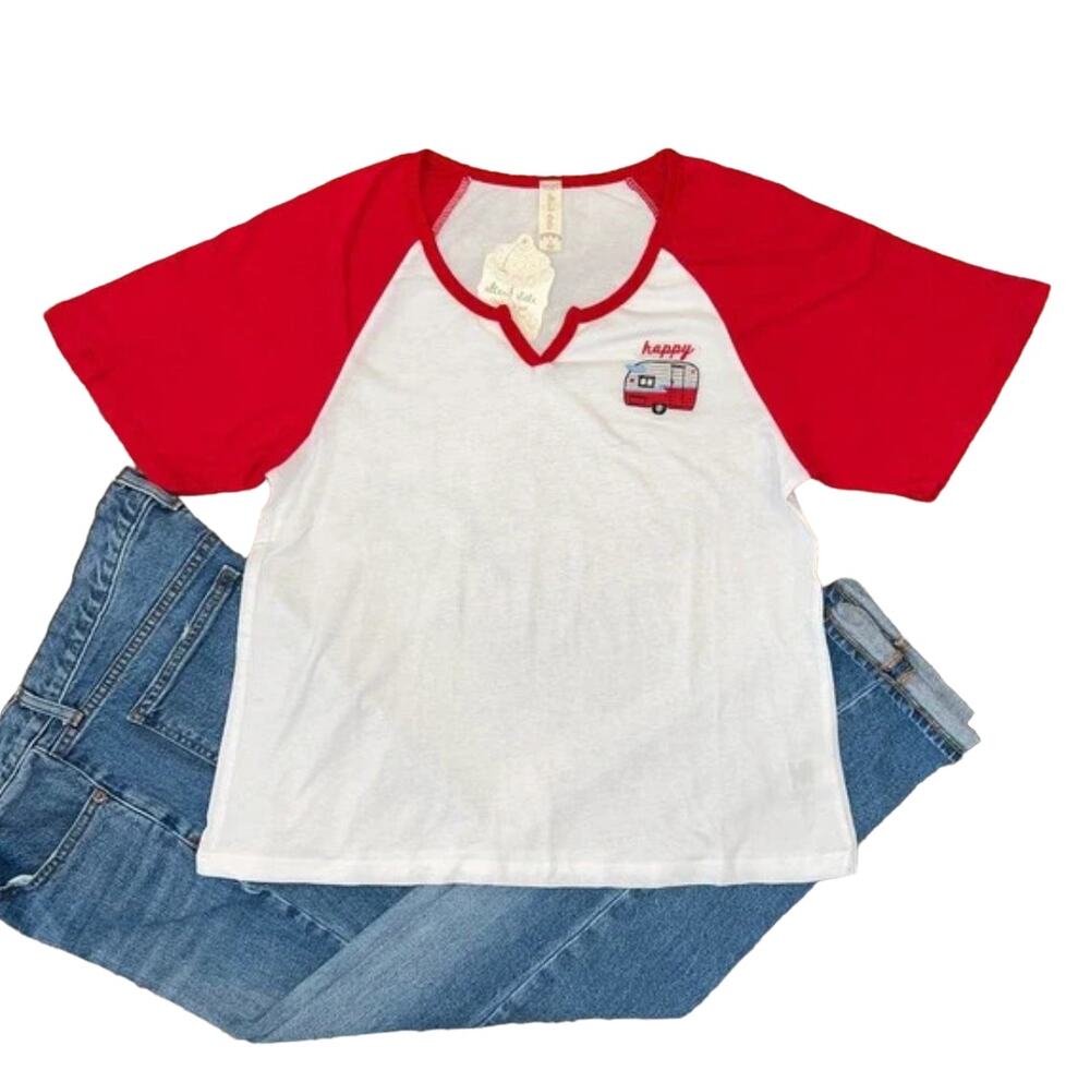 NWT Altar'd State White & Red "Happy Camper" Embroidered Cotton Tee - SIZE SMALL